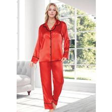 Rozelt Kırmızı Biyeli Saten Pijama Takımı