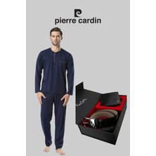 Rozelt Erkek Lacivert Pamuklu Çeyizlik Kutulu Pijama Takımı Kemer & Cüzdan Set