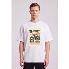 Black Nova Oversize Baskılı Unisex %100 Pamuk T-Shirt Vintage Motorcycle Beyaz