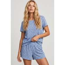 Siyah İnci Mavi Leopar Desenli Bisiklet Yaka Örme Şortlu Pijama Takım 8056