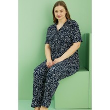 Siyah İnci Siyah Desenli Bürümcük Krınkıl Kumaş Curve Büyük Beden Battal Boy Düğmeli Pijama TAKIM25118722