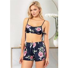 Rozelt Kadın Lacivert Çiçek Desenli Saten Şortlu Pijama Takımı