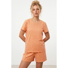 Siyah İnci Somon Leopar Desenli Bisiklet Yaka Örme Şortlu Pijama Takım 8056