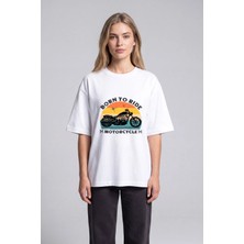 Black Nova Oversize Baskılı  Unisex %100 Pamuk T-Shirt Born To Ride Beyaz