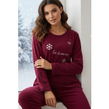 Siyah İnci Bordo Kar Tanesi Nakışlı Kışlık Waffle Örme Kumaşlı Pijama Takım
