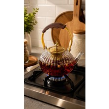 Ateşe Dayanıklı Borosilikat Cam Demlik - Ahşap Saplı Çizgili Bitki Çayı Demliği 1200 ml Dr