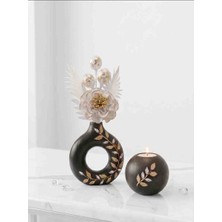 Luniva Home El Yapımı Siyah, Taşlı Obje Seti –  Halka Vazo ve Küre Tealight Mumluk Ev&ofis&hediyelik Dekorasyon Seti,