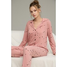 Siyah İnci Pudra Yıldız Desenli Gömlek Yaka Düğmeli Milan Örme Pijama TAKIM25224024