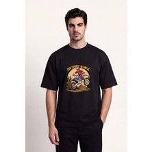 Black Nova Oversize Baskılı Unisex %100 Pamuk T-Shirt Dx Biker Siyah