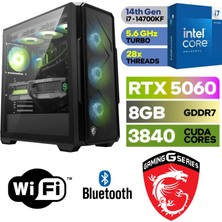 MSI Şafak-Gaming Pc Intel Core I7 14700KF 32GB Ram Rtx 5060 8gb 1tb M.2 SSD 240MM Sıvı Soğutma Win 11 Pro Wi-Fi Masaüstü Oyuncu Bilgisayarı