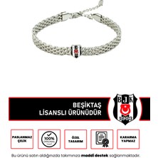 Beşiktaş Logolu Paslanmaz Çelik Ayarlanabilir Zincir Unisex Bileklik Gri Hasır Desenli