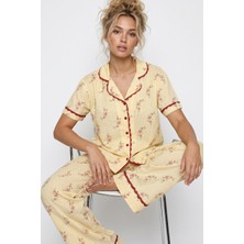 Siyah İnci Kadın Pijama Takımı 8061 Sarı Çiçek Desenli İnce Soft Düğmeli Dantel Biyeli