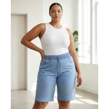 Zanessi Fashion Büyük Beden Beli Lastikli Bağcıklı Taş Detaylı Denim Kadın Şort