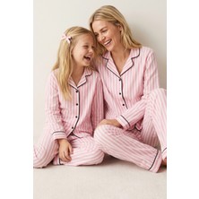 Siyah İnci Pembe Beyaz Çizgili Düğmeli Biyeli Örme Pijama Takım
