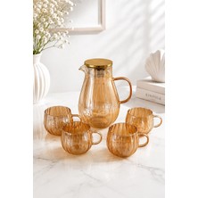 Isıya Dayanıklı Amber Borosilikat Cam Sürahi SETI-1800 ml Sürahi 4 Adet Kulplu Bardak Takımı Dr