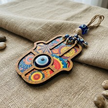 Nazar Boncuklu Fatıma Ana Eli Ahşap Desenli Dekoratif Hediyelik Duvar Süsü, 24 cm Hamsa Bereket
