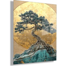 Gaagart Temperli Cam Tablo Altın Güneş Önünde Bonsai Çam Ağacı Şık Salon Duvar Dekoru