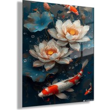 Gaagart Temperli Cam Tablo Lotus Çiçekleri ve Japon Balıkları Dekoratif Ev Duvar Tablosu
