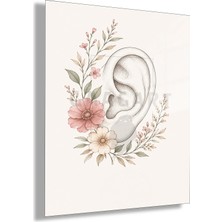 Gaagart Temperli Cam Tablo Minimal Pembe Çiçekli Anatomik Kulak Doktor Odası Tablosu