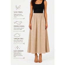 Warasiva Kadın Bej %100 Tencel Kumaş Beli Lastikli Cep Detaylı Etek