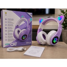 Almanara Project Kedi Kulaklı Bluetooth 5.3 Kablosuz Kulaklık LED Işıklı Mikrofonlu Katlanabilir Pembe Stereo