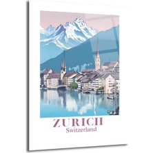 GLAZELLA Zürih Isviçre Manzarası Cam Tablo - Alp Dağları ve Nehir Şehri