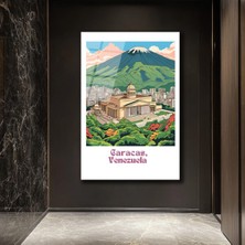 GLAZELLA Vintage Caracas Venezuela Şehir ve Dağ Manzarası Cam Tablo