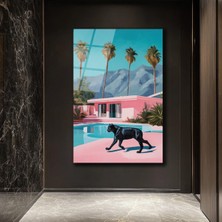 GLAZELLA Retro Pink Villa ve Kara Panter Cam Tablo - Modern Lüks Sanat