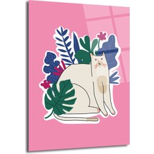 GLAZELLA Pembe Arka Planlı Bitkili Beyaz Kedi Cam Tablo