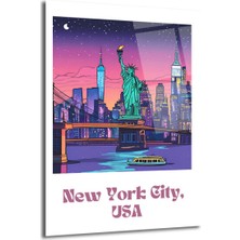 GLAZELLA New York Şehir Manzarası Cam Tablo: Neon Işıklar ve Özgürlük Heykeli