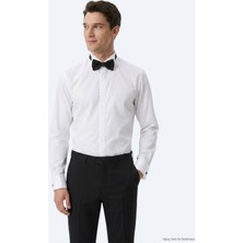 Kip Beyaz Düz Slim Fit Duble Manşet Ata Yaka Smokin Gömlek