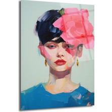 GLAZELLA Büyüleyici Pembe Çiçekli Modern Kadın Portresi Cam Tablo