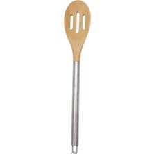 Evmoni Ahşap Uçlu Metal Servis Gereçleri Delikli Kaşık (7'li Paket)