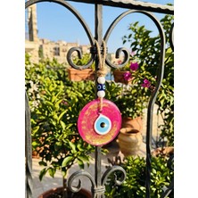 El Yapımı Hediyelik Dekoratif Nazar Boncuğu, Simli ve İpli, Pembe 11 cm Kapı ve Duvar Süsü, Cam Nazarlık