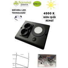 Teknoloji Elektrik Dolap Tezgah Altı 2'li Priz ve 3 Watt Anahtarlı LED Spot Aydınlatma (Siyah Kasa) Işık ve Akıllı Priz