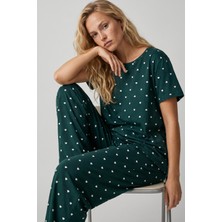 Siyah İnci Yeşil Beyaz Kalp Puan Desenli Pamuklu Örme Pijama Takımı 8025