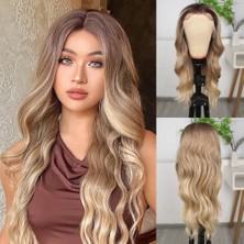 Kumral Dore Sarı Ombre ve Röfleli Fiber Sentetik Geniş Dalgalı Tül Peruk