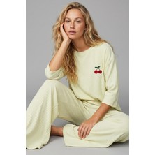 Siyah İnci Su Yeşili Soft Touch Ince Örme Nakışlı Pijama Takım