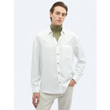 Kip Beyaz Fitilli Oversize Fit Uzun Dokuma Casual Gömlek