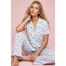Siyah İnci Mavi Kareli Kiraz Desenli Ince Soft Örme Mevsimlik Düğmeli Pijama Takımı 8043