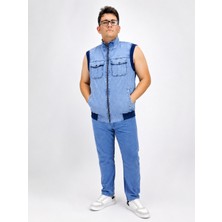 Ramon Miele Büyük Beden Denim Dik Yaka Fermuarlı Cepli Bomber Erkek Yelek