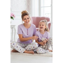 Siyah İnci Lila Desenli Pamuklu Bisiklet Yaka Örme Pijama Takım