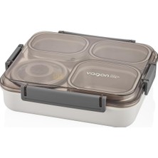 Hsc Bilişim Vagonlife Bento 1200ML Lunchbox Tek Katlı 4 Bölmeli Kaseli Çelik Sefer Tası Yemek Kutusu (Gri)