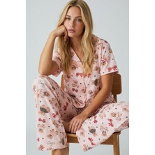 Siyah İnci Somon Ayıcık Desenli Mevsimlik Ince Düğmeli Örme Pijama Takım 8018