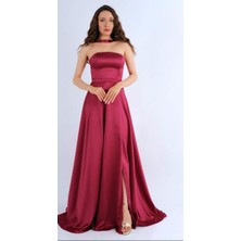Hazel Kadın Bordo Saten Straplez Yandan Yırtmaçlı Uzun Abiye Elbise