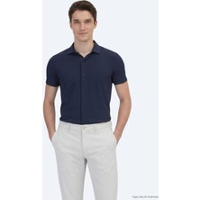 Kip Lacivert Desenli Regular Fit Kısa Casual Gömlek