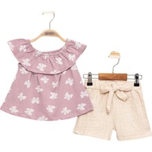 Babyhood 🎀kız Bebek Fiyonk Desenli Pamuklu Müslin Şort ve Penye Tişört Takım
