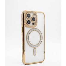 Camkapak Aksesuar Iphone 15 Pro Max Sarı Kenarları Taşlı Magsafe Kılıf Modeli