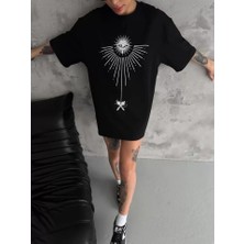 Pazarcan Unisex Bisiklet Yaka Baskılı Oversize T-Shirt - Siyah