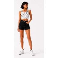 Sanem Tekstil Puantiyeli Askılı Crop-Beyaz